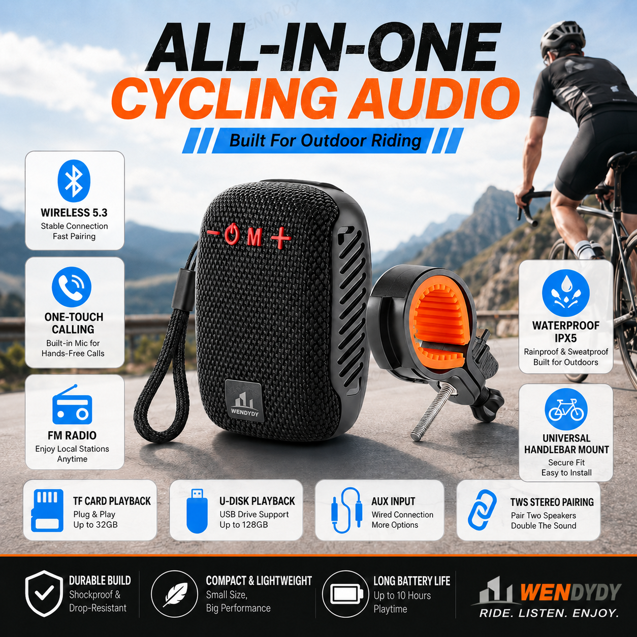 🚴‍♂️🎵 Waterproof Bike Bluetooth Speaker – IPX5, TWS stereo, hands‐free calls. Secure mount, 70m range. Ride with beats! 🔊✨