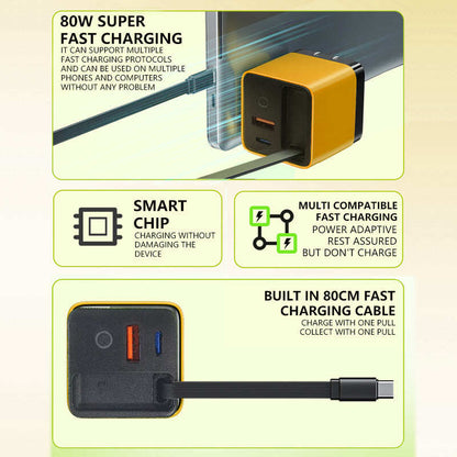 ⌛Only 1 Day Left Of This Offer⏳65W Fast Charging Phone Charger Block with Retractable 80cm Type-C Cable